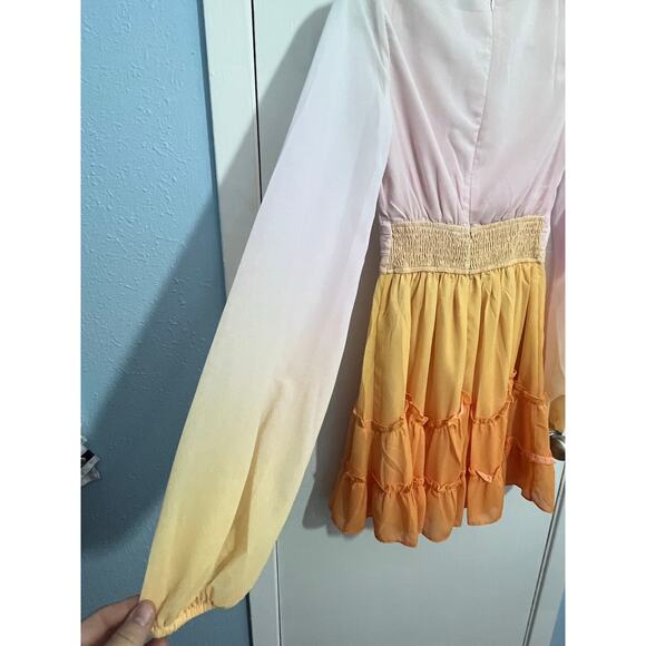 Petal & Pup Mini Dress XS Pink Orange Ombré Ruffled Balloon Sleeve Feminine - Picture 5 of 9